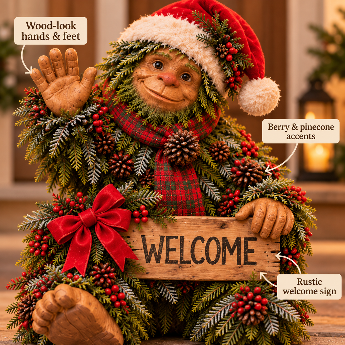 Bigfoot Christmas decor close-up with evergreen details, wooden sign and red bow