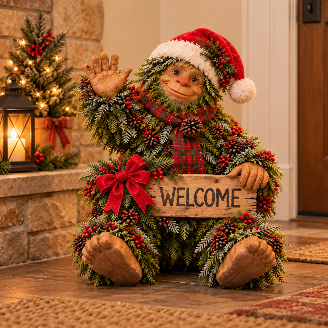 Bigfoot Christmas welcome decoration displayed in a warm home entryway