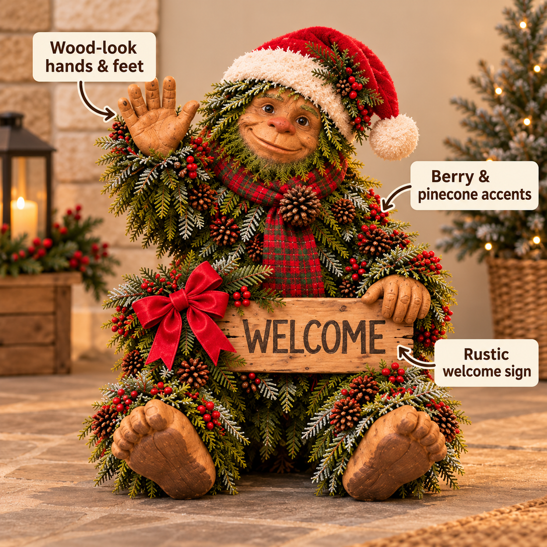 Bigfoot product details showing wood-look hands, feet, pinecones and rustic welcome sign