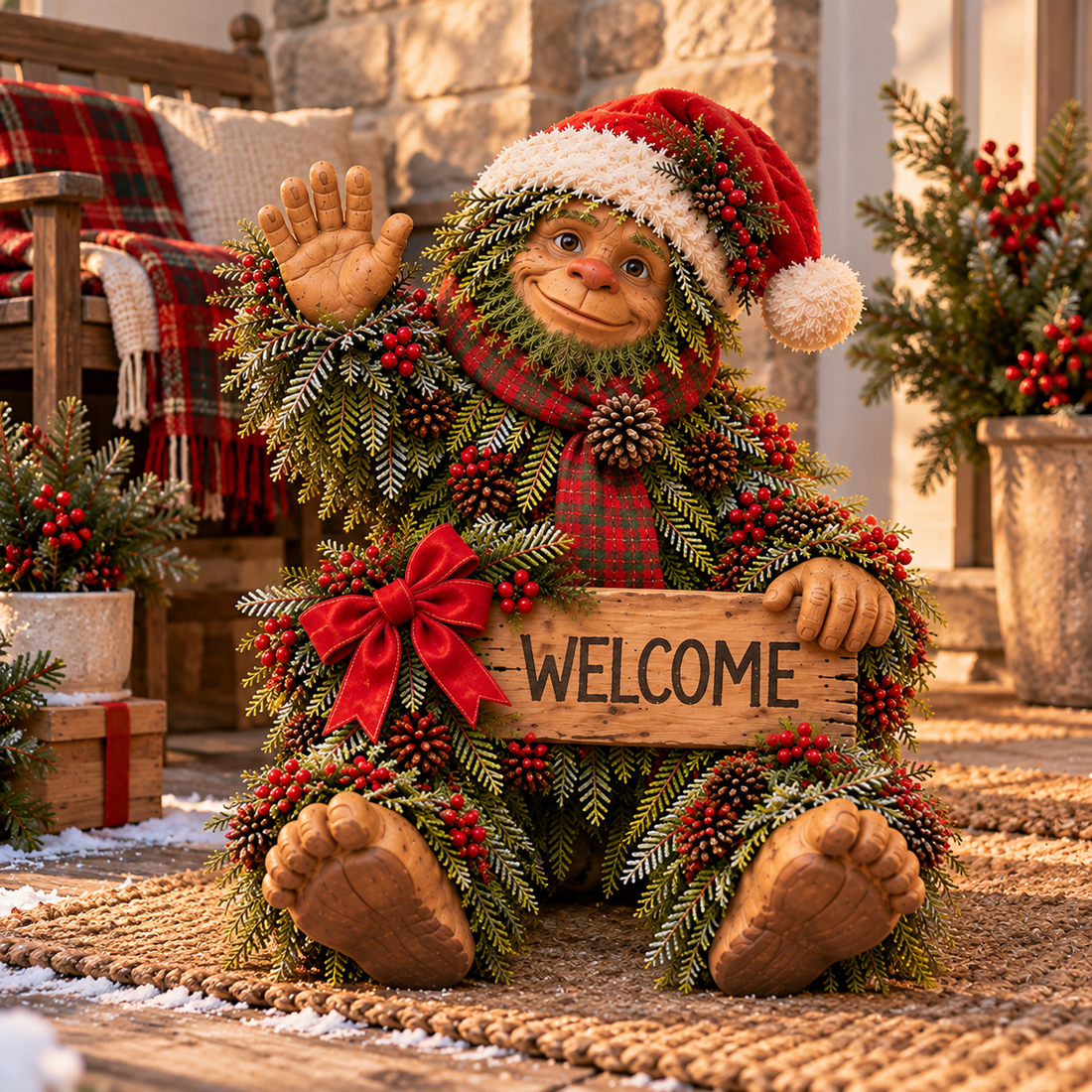 Bigfoot Christmas decoration with rustic bench and plaid blanket