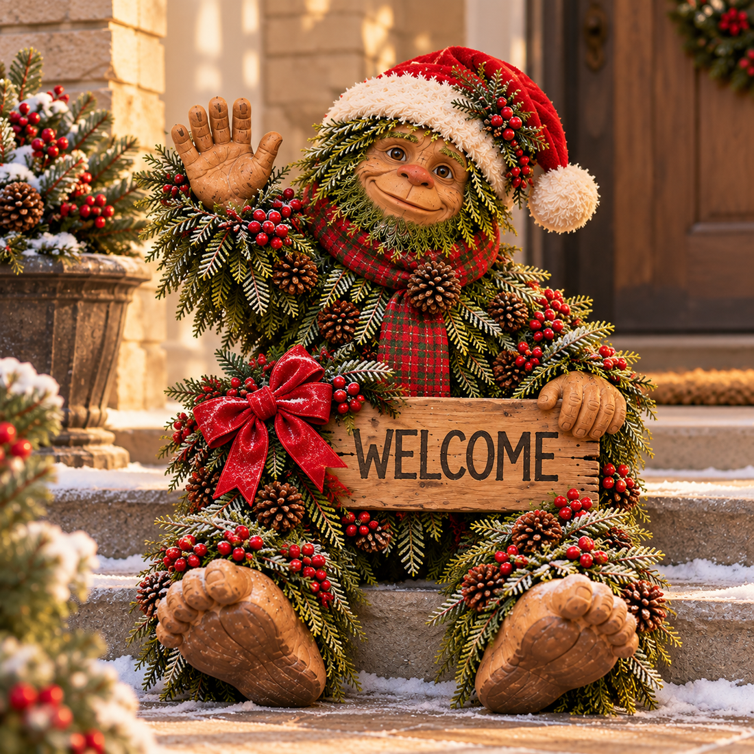 Bigfoot Christmas welcome decoration in a snowy winter setting