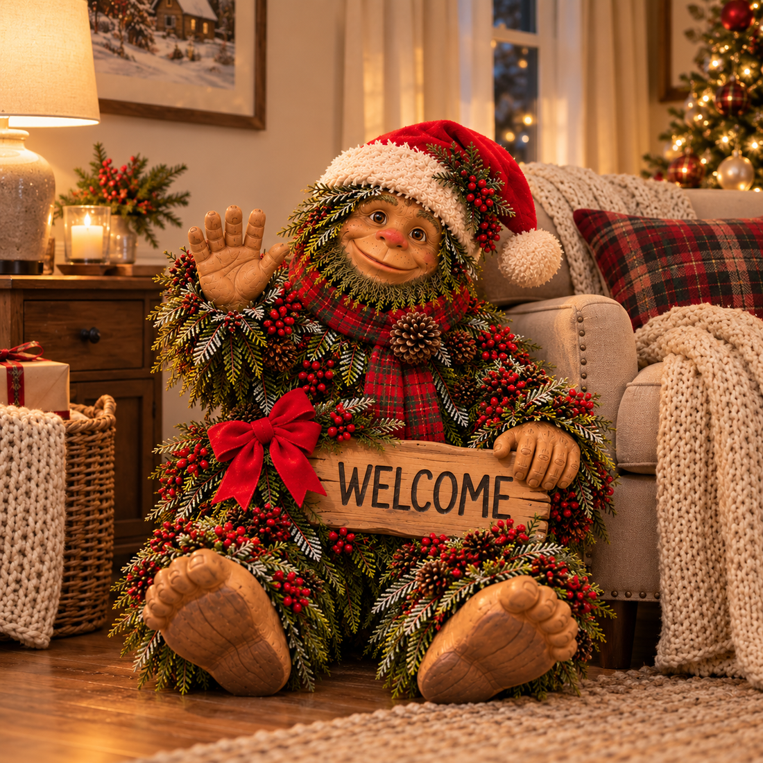 Bigfoot Christmas decoration beside a cozy living room sofa