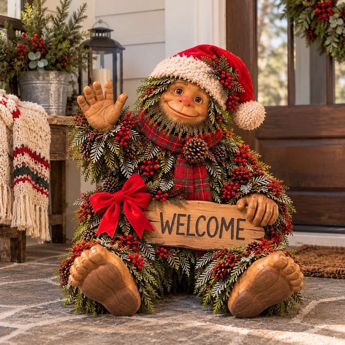 Bigfoot sitting by a rustic wooden front door